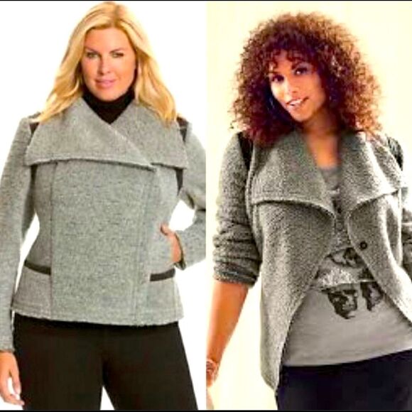 Lane Bryant grey wool Pom cho Coat Jacket Boiled Curly Moto Pockets 18/20 - Picture 1 of 5